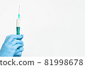 A doctor's hand in a medical glove holds a syringe with a needle to protect against the flu virus 81998678
