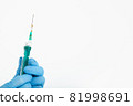 A doctor's hand in a medical glove holds a syringe with a needle to protect against the flu virus 81998691