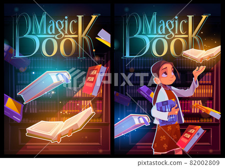 Magic book cartoon posters, young girl in library 82002809