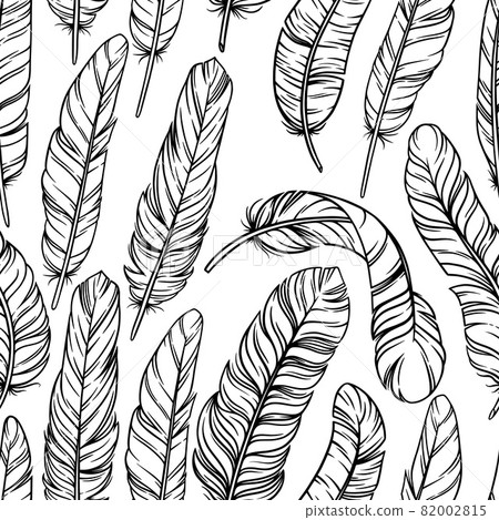 Bird feathers in seamless pattern. Decorative tile with feathers in white background. Vector illustration Bird feathers in seamless pattern. Decorative tile with feathers in white background. Vector illustration 82002815