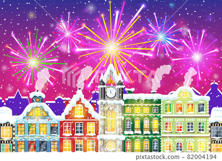 Christmas Card with Urban Landscape and Fireworks. 82004194