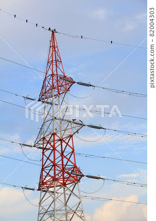 Transmission line towers painted red and white according to the Aviation Law Transmission line towers painted red and white according to the Aviation Law 82004303
