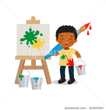 Cute boy with big brush at painting class. Flat vector cartoon design 82004564
