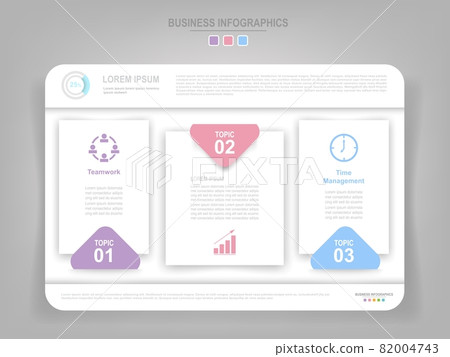 Infographic template of three parts on work sheet, tag banner, flat design of business icon, vector such as  teamwork, graph, and time management. 82004743
