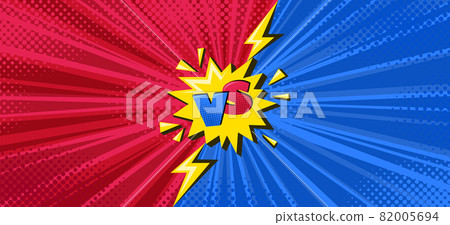 Superhero halftoned poster with lightning. Versus comic design with yellow flash. Vector illustration Superhero halftoned poster with lightning. Versus comic design with yellow flash. Vector illustration 82005694