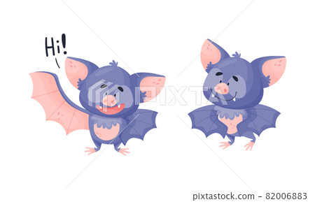 Funny Purple Bat Character Greeting Saying Hi Vector Set Funny Purple Bat Character Greeting Saying Hi Vector Set 82006883