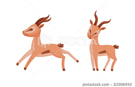 Standing African Gazelle as Fawn-colored Antelope Species with Curved Horn Vector Set Standing African Gazelle as Fawn-colored Antelope Species with Curved Horn Vector Set 82006950