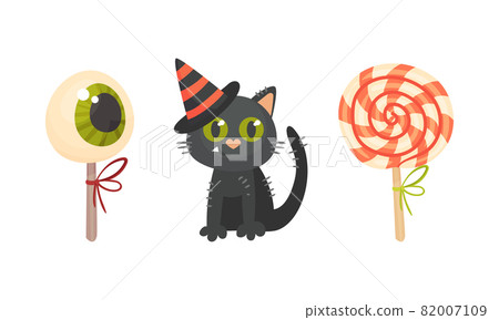 Treat and Candy on Stick and Black Cat as Halloween Holiday Symbol Vector Set 82007109