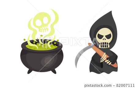 Boiling Cauldron with Green Poison and Death with Scythe as Halloween Holiday Symbol Vector Set Boiling Cauldron with Green Poison and Death with Scythe as Halloween Holiday Symbol Vector Set 82007111