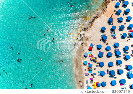 Aerial overhead view of popular Nissi bay beach. Famagusta District, cyprus 82007149