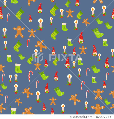 Seamless Christmas pattern with gnome, gingerbread, candle, stocking, candy cane. Wrapping paper decoration Seamless Christmas pattern with gnome, gingerbread, candle, stocking, candy cane. Wrapping paper decoration 82007743