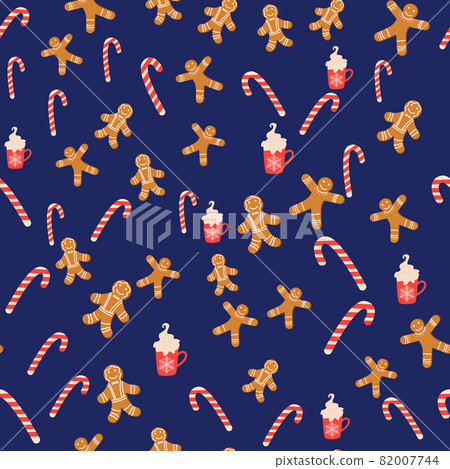 Seamless background for Christmas with gingerbread man, cane lollipop, cup of cocoa. Winter holiday, cooking, new year's eve. 82007744