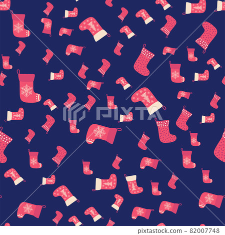 Christmas background with red stockings, wrapping paper and background image. Christmas stockings seamless pattern. 82007748