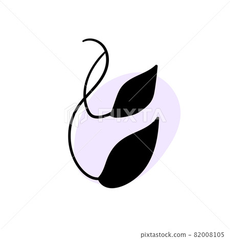 Branch with an abstract round spot. Artistic floral minimalist print. Isolated black silhouette of a plant with pastel drops. Modern watercolor shapes with leaves, acrylic ink blobs. Vector element 82008105