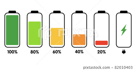 A set of icons of the information state of the battery. A set of indicators of the level of charge of the battery. Information icons for charging the phone's battery. Vector illustration. 82010403