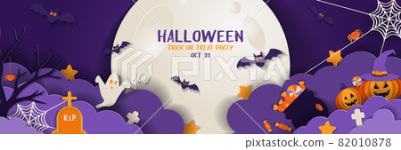 Happy Halloween banner with night clouds and pumpkins in paper cut style 82010878