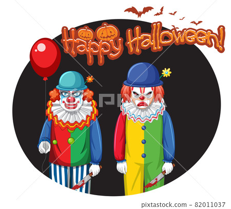 Happy Halloween badge with two creepy clowns Happy Halloween badge with two creepy clowns 82011037