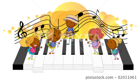Electronic keyboard with many happy kids and melody symbols on yellow splotch Electronic keyboard with many happy kids and melody symbols on yellow splotch 82011061