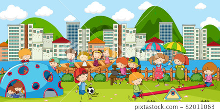 Outdoor scene with many kids playing in the park - Stock Illustration ...