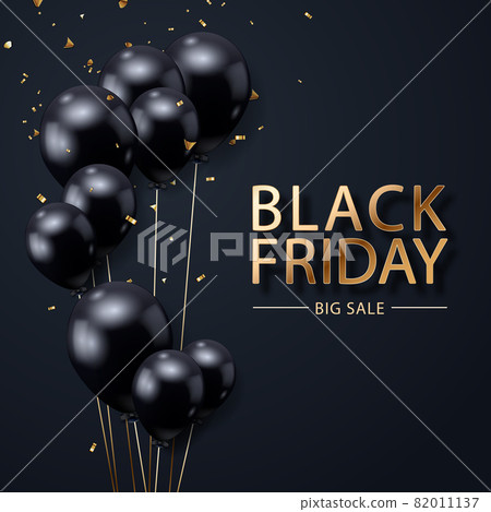 Black Friday sale poster with realistic balloons and confetti on black background. Black Friday sale label. Design element for banners, flyers, cards Black Friday sale poster with realistic balloons and confetti on black background. Black Friday sale label. Design element for banners, flyers, cards 82011137