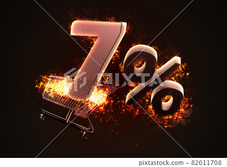 Burning shopping cart and red Seven percent discount sign. 3D illustration 82011708