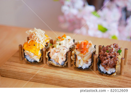 sushi and traditional japanese food on table with copy space, sushi and traditional japanese food on table with copy space, 82012609