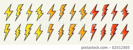 Yellow lightning bolt icons collection. Flash symbol, thunderbolt. Simple lightning strike sign Yellow lightning bolt icons collection. Flash symbol, thunderbolt. Simple lightning strike sign 82012805