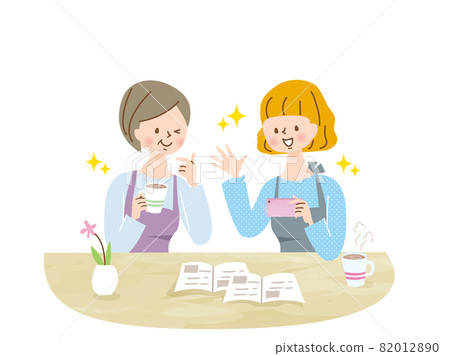 A smiling woman looking at a smartphone with two people 82012890