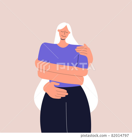 The concept of love and careful attitude to yourself. The girl hugs herself by the shoulders. Taking care of mental and physical health. Flat vector illustration is good for social media, covers. The concept of love and careful attitude to yourself. The girl hugs herself by the shoulders. Taking care of mental and physical health. Flat vector illustration is good for social media, covers. 82014797