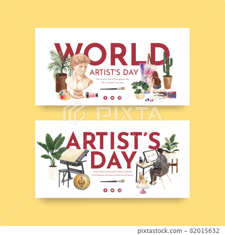 Twitter template with international artists day concept,watercolor style 82015632