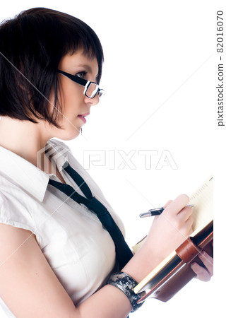 Young pretty woman with daily log over white Young pretty woman with daily log over white 82016070