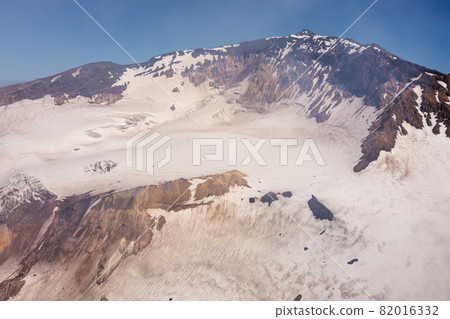 Aerial drone photo of Mutnovsky volcano crater with fumaroles 82016332