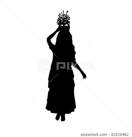 Silhouette Indian woman carries holy basil or tulasi vrindavan on her head. Indian culture and religion. 82016962