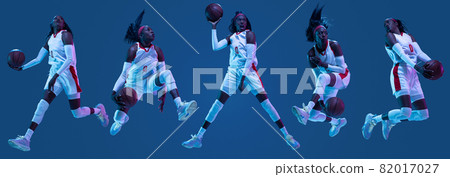 Collage of sportive african-american female basketball player in motion and action in neon light on blue background. Concept of professional sport Collage of sportive african-american female basketball player in motion and action in neon light on blue background. Concept of professional sport 82017027
