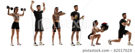 Sports training. Young man and woman, joggers, runners, athletes in action isolated on white studio background. Sports training. Young man and woman, joggers, runners, athletes in action isolated on white studio background. 82017029