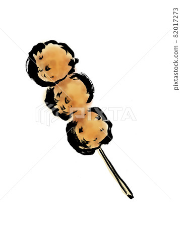 Hand-drawn brush illustration of one yakitori meatball skewer 82017273