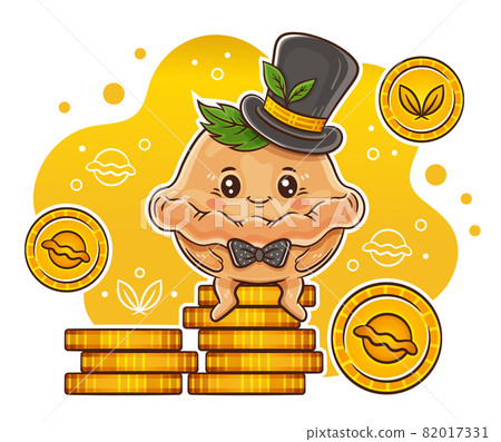 Cute dumpling or pelmen businessman, dough bun in gentleman hat sitting on pile gold coins. Ravioli or rich baker food character. Win money, wealth, treasure. Dish with meat, vegetable filling. Vector Cute dumpling or pelmen businessman, dough bun in gentleman hat sitting on pile gold coins. Ravioli or rich baker food character. Win money, wealth, treasure. Dish with meat, vegetable filling. Vector 82017331