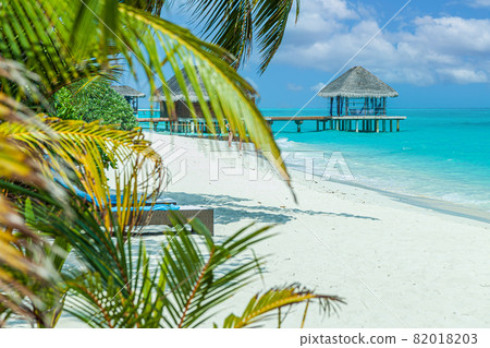 Impression of a beach on a maldives island with wild vegetation and a sun lounger and a water bungalow 82018203