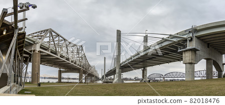 Ground perspective view on John F. Kennedy Memorial Bridge and Abraham Lincoln Bridge in Louisville during daytime Ground perspective view on John F. Kennedy Memorial Bridge and Abraham Lincoln Bridge in Louisville during daytime 82018476