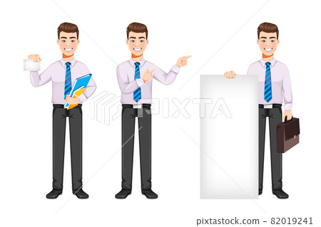 Handsome business man advertising something Handsome business man advertising something 82019241