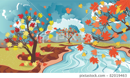 Autumn maple trees and river - Stock Illustration [82019463] - PIXTA