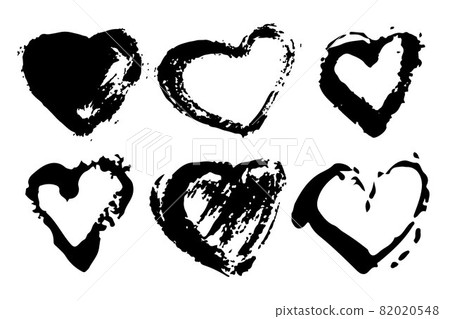 Vector Set of Brush Heart Love Black color on white background. Hand painted grange elements. Ink drawing. Dirty artistic design . Place for text, quote, information, company name. 82020548