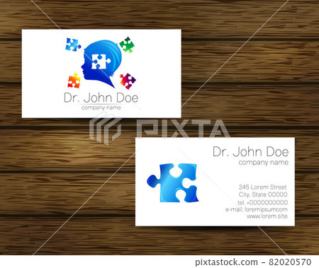 Psychology vector visit card Puzzle Autism Modern logo. Creative style. Design concept for Brand company. Blue color isolated on tree background. Symbol for web, print. vVsiting personal set 82020570