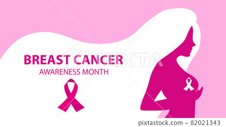 Breast Cancer Awareness Month. Silhouette woman checks her breasts template for your design poster, banner. Vector illustration Breast Cancer Awareness Month. Silhouette woman checks her breasts template for your design poster, banner. Vector illustration 82021343