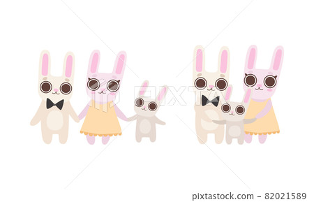 Cute Hare Family with Mother, Father and Cub Standing Holding Paws and Smiling Vector Set 82021589