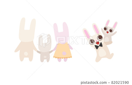 Cute Hare Family with Mother, Father and Cub Holding Paw and Playing Vector Set 82021590