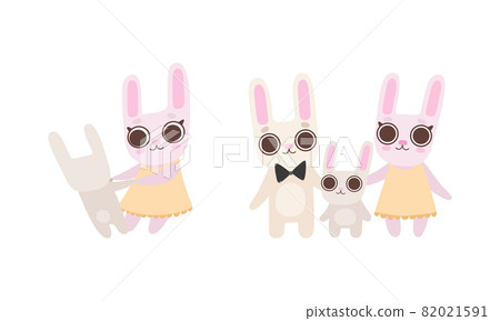 Cute Hare Family with Mother, Father and Cub Holding Paws and Standing Vector Set 82021591