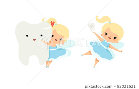 Cute Little Tooth Fairy with Blond Hair and Ponytail with First Baby Tooth Vector Set 82021621