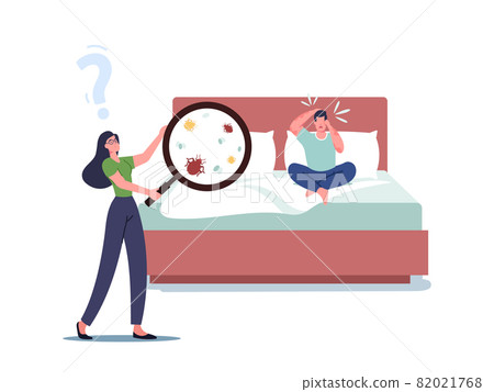 Female Character with Huge Magnifier Looking on Bed Bugs Living in Linen. Man with Red Spots on Skin Sitting on Bed 82021768