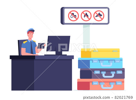 Customs Officer Male Character Sitting at Desk with Computer Looking in Tourist Foreign Passport with Pile of Suitcases 82021769
